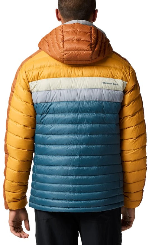 A back view of a person wearing a puffer jacket with a hood, featuring horizontal color-blocked sections in orange, yellow, cream, grey, and teal, with a small logo on the chest.