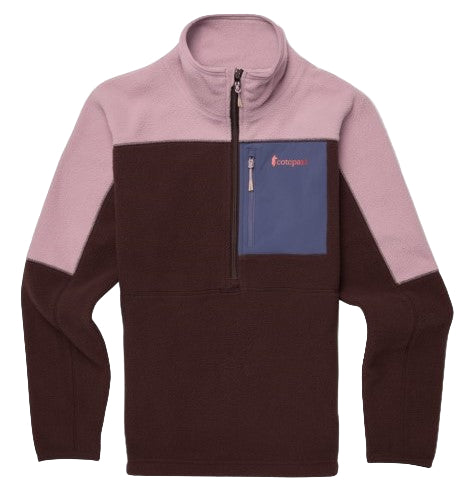 Brown and pink 1/2 zip fleece with a light blue pocket.
