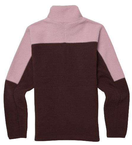Burgundy and light-pink color-blocked fleece pullover with a high neck and long sleeves.