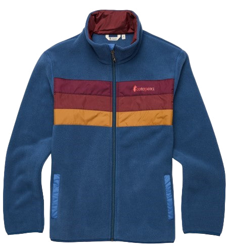 Blue fleece jacket with red, orange, and brown stripes across the chest.
