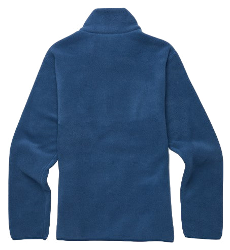 Blue fleece pullover with mock neck and long sleeves.