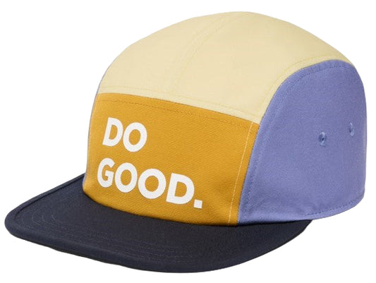 Color-block five-panel hat with navy brim, yellow-orange front panel with white text "DO GOOD.", and light-purple side panel.