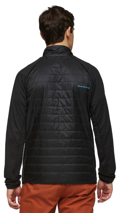 Back view of a black, long sleeve quilted jacket, with orange pants.