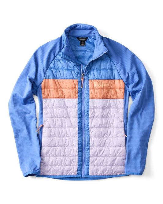 A light blue jacket with peach and lavender stripes down the front.