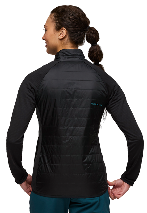 A woman from the back wearing a black padded raglan jacket with long sleeves, a stand up collar, and a horizontal stitched design on the padded parts.