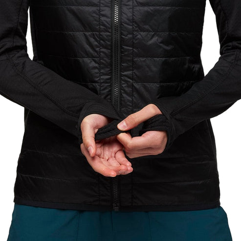 A black zip-up quilted jacket with fitted sleeves and thumb holes.