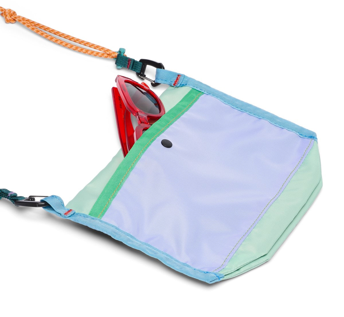 Small color block pouch with orange rope strap and red sunglasses.