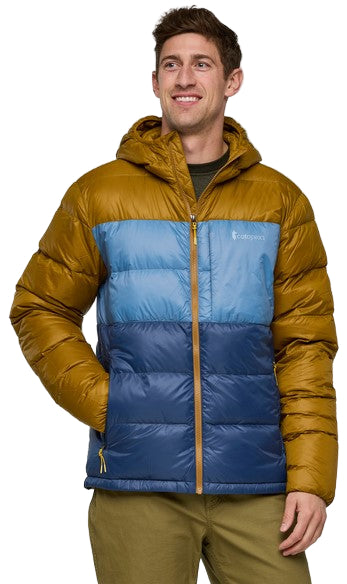 Man in a puffy jacket with a hood. The jacket is color-blocked with yellow-gold on the shoulders and sleeves, light blue in the midsection, and dark blue on the bottom.