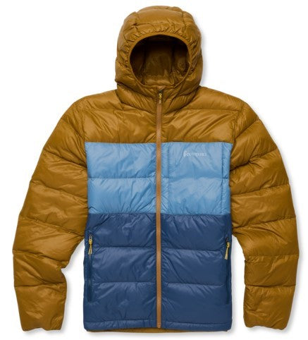 Padded jacket in brown, light blue, and dark blue color block with attached hood and zippered closure.