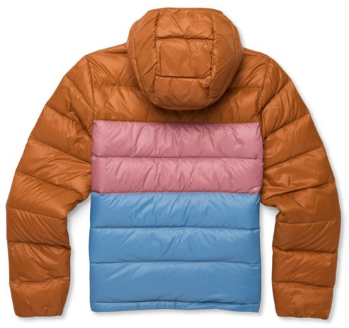 Orange, pink, and blue puffer jacket with a hood viewed from the back.