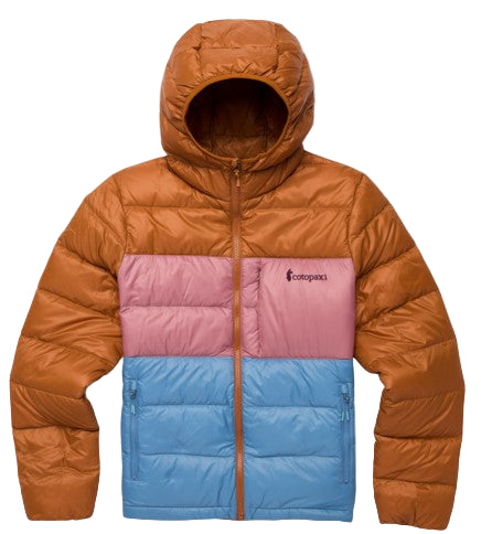 Puffer jacket with a hood, featuring color blocking of brown, pink, and light blue.