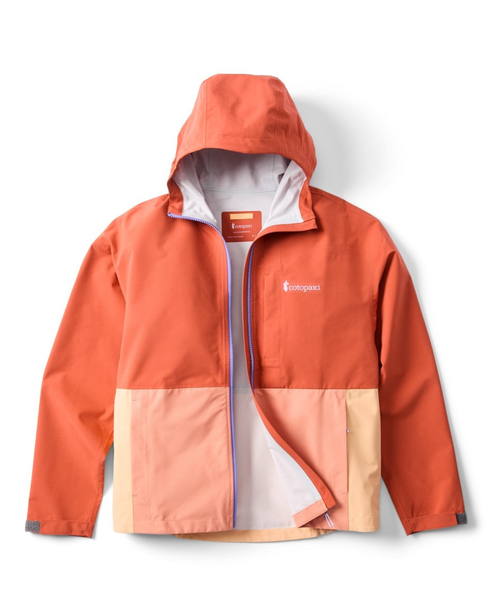 Open, two-toned orange jacket with a hood.