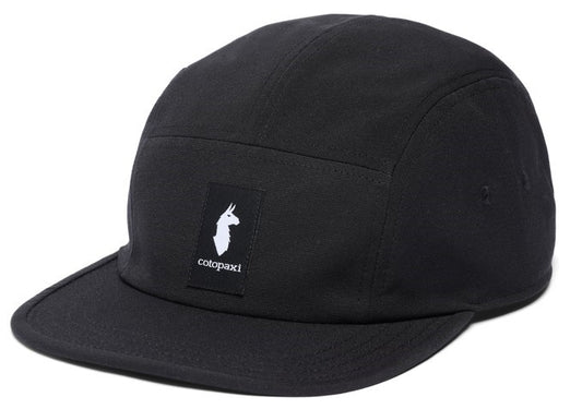 Black five-panel hat with white llama logo.