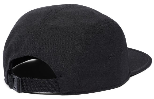 Back view of a black baseball cap with an adjustable strap.