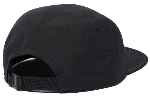Back view of a black baseball cap with an adjustable strap.