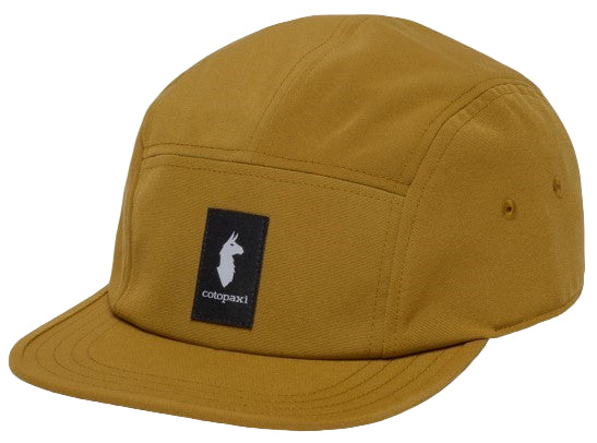 Mustard-colored five-panel cap with a black logo patch of an alpaca.