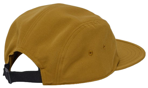 Side view of a gold baseball cap with a black adjustable strap.