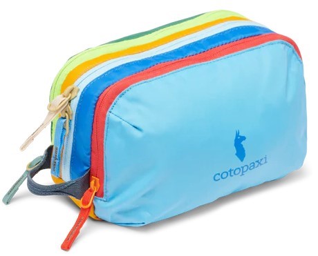 Small, rectangular, multi-colored pouch with blue, red, yellow and green horizontal stripes and the text "cotopaxi" with an alpaca icon on its side.