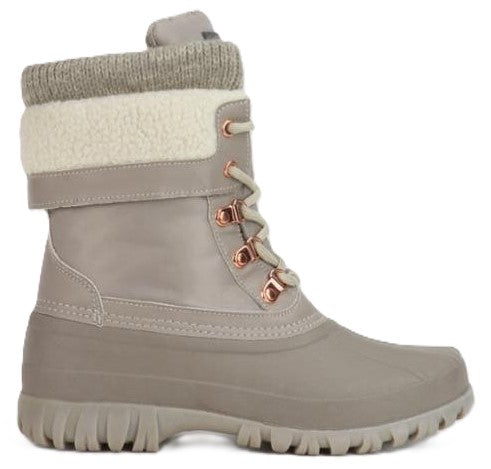 Mid-calf-height gray winter boot with a roll-down knit cuff.
