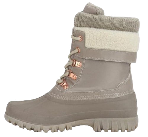 Taupe-colored waterproof boot with a knit and fleece lined collar, lace up with metallic accents, and lug sole.