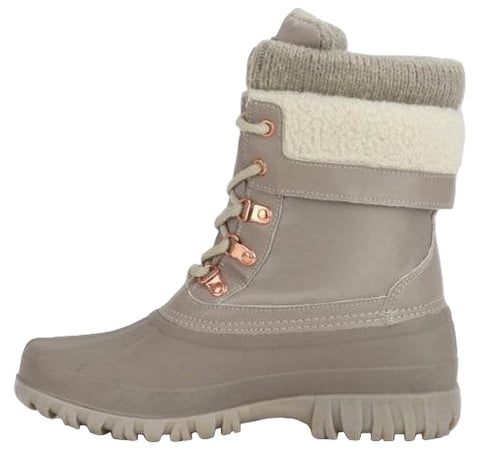 Taupe-colored waterproof boot with a knit and fleece lined collar, lace up with metallic accents, and lug sole.
