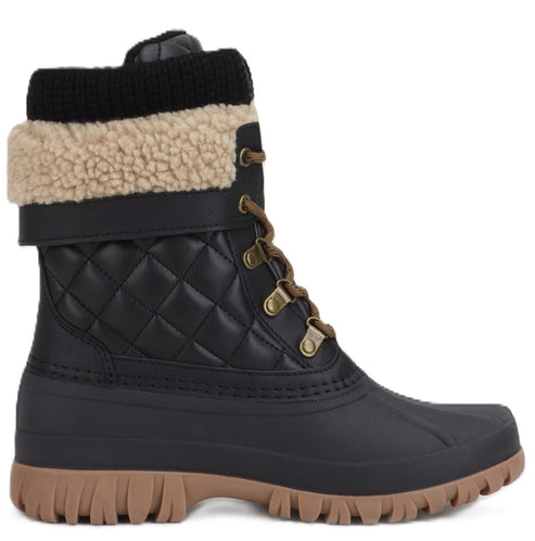 Black quilted snow boot with tan faux fur trim and brown laces.