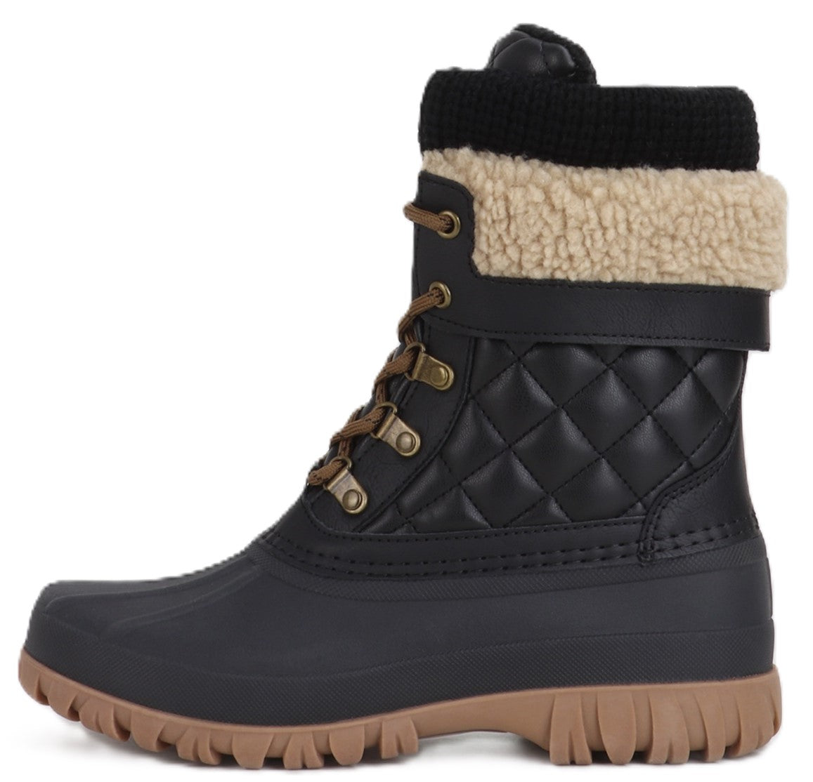 Black duck boot with tan lug sole, lace-up, quilted shaft, and faux shearling collar.