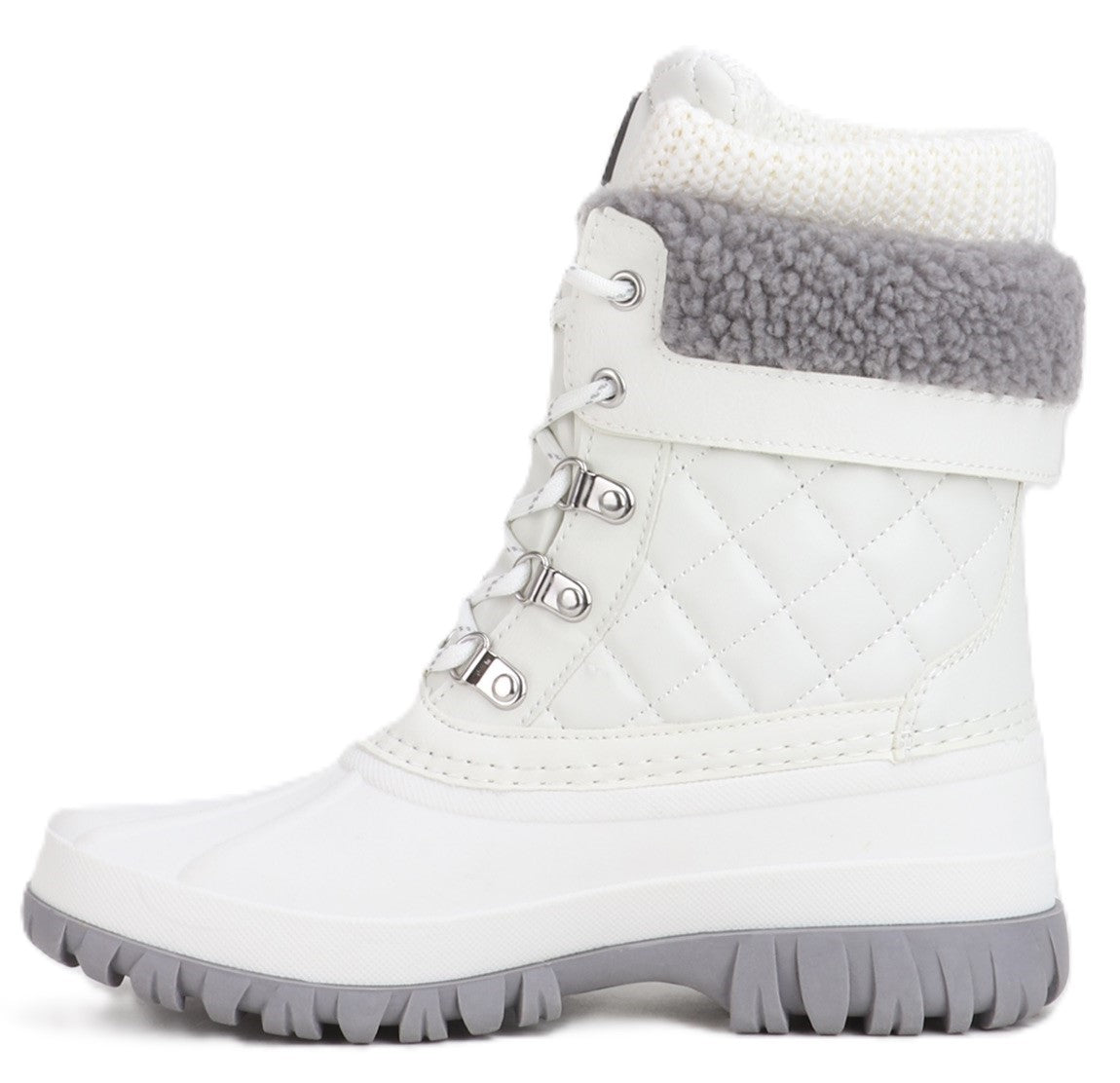 White mid-calf height quilted duck boot with gray trim.