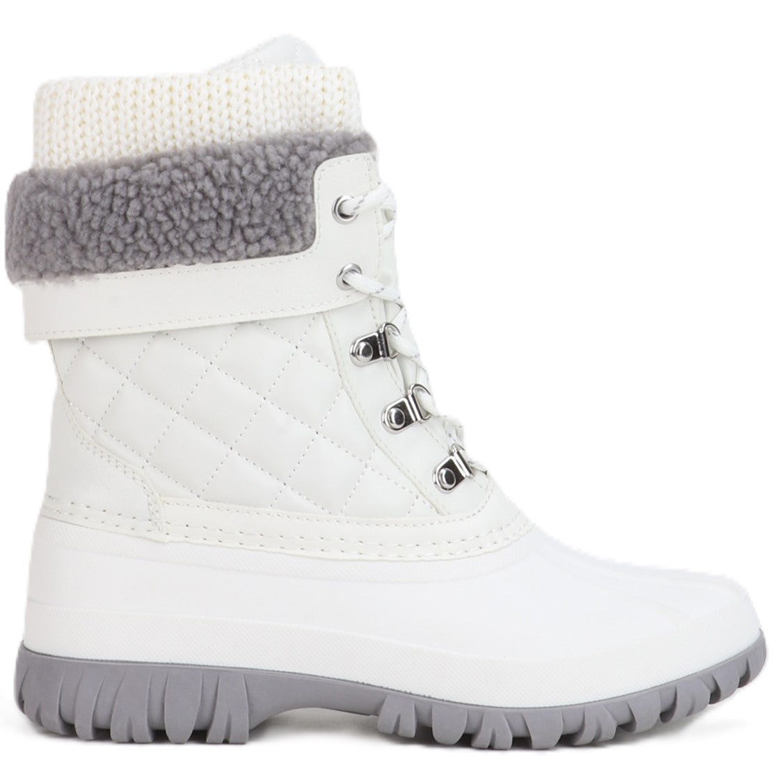 White mid-calf winter boot with grey accents, quilted shaft, knit collar, and lace-up closure.