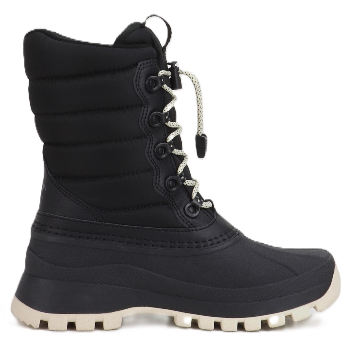 Black puffy winter boot with white laces and a white sole.