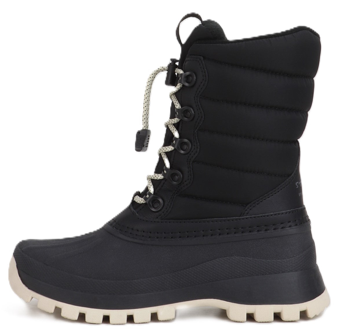 Black mid-calf winter boot with a quilted upper, lace-up closure, and white soles.