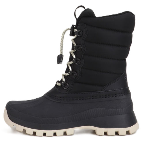 Black mid-calf winter boot with a quilted upper, lace-up closure, and white soles.