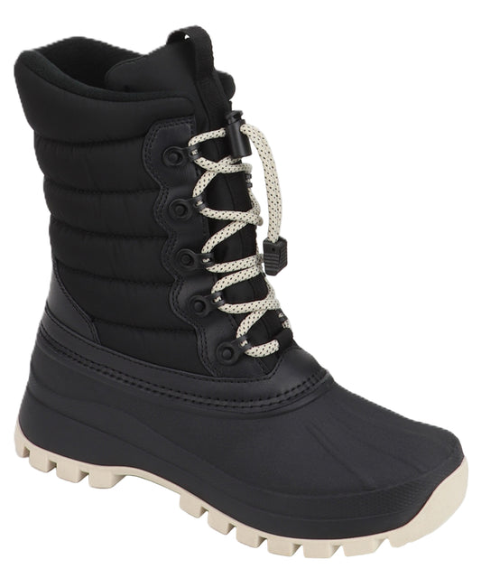 Black quilted mid-calf winter boot with lace-up closure and lug sole.