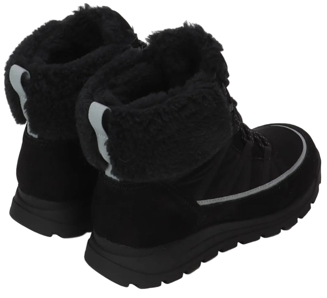 A pair of black ankle boots with thick faux-fur collars and silver reflective trim strips around the heels and sides, set on black lugged rubber soles.