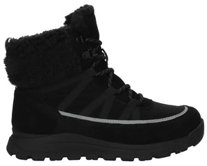 A black ankle-height winter boot featuring a fuzzy faux fur cuff, a lace-up front with dark patterned laces, and a thin reflective silver strip along the side above a thick, rugged black sole.