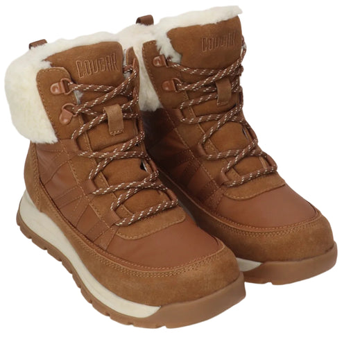 A pair of tan, lace-up winter boots featuring a soft white faux fur trim at the collar, a textured rubber sole, and the word COUGAR embossed on the tongue.