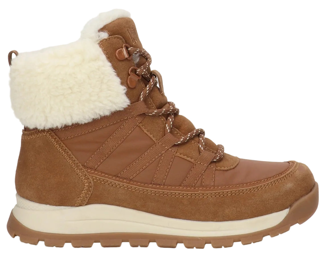 A tan, ankle-high lace-up winter boot with a fluffy white faux fur collar, suede-like toe and heel overlays, and a thick off-white rubber midsole on a rugged brown outsole.