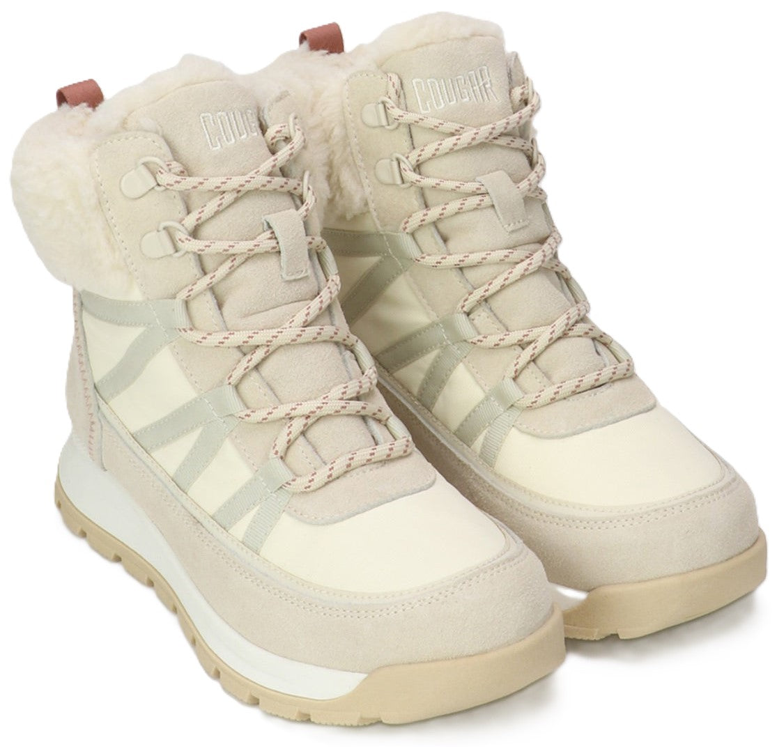 A pair of off-white and cream colored winter boots with a faux fur cuff, suede accents, mesh side panels, and speckled laces, featuring a thick, light-colored lug sole.