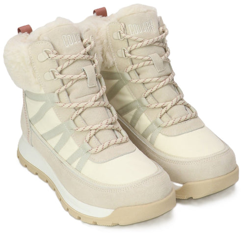 A pair of off-white and cream colored winter boots with a faux fur cuff, suede accents, mesh side panels, and speckled laces, featuring a thick, light-colored lug sole.