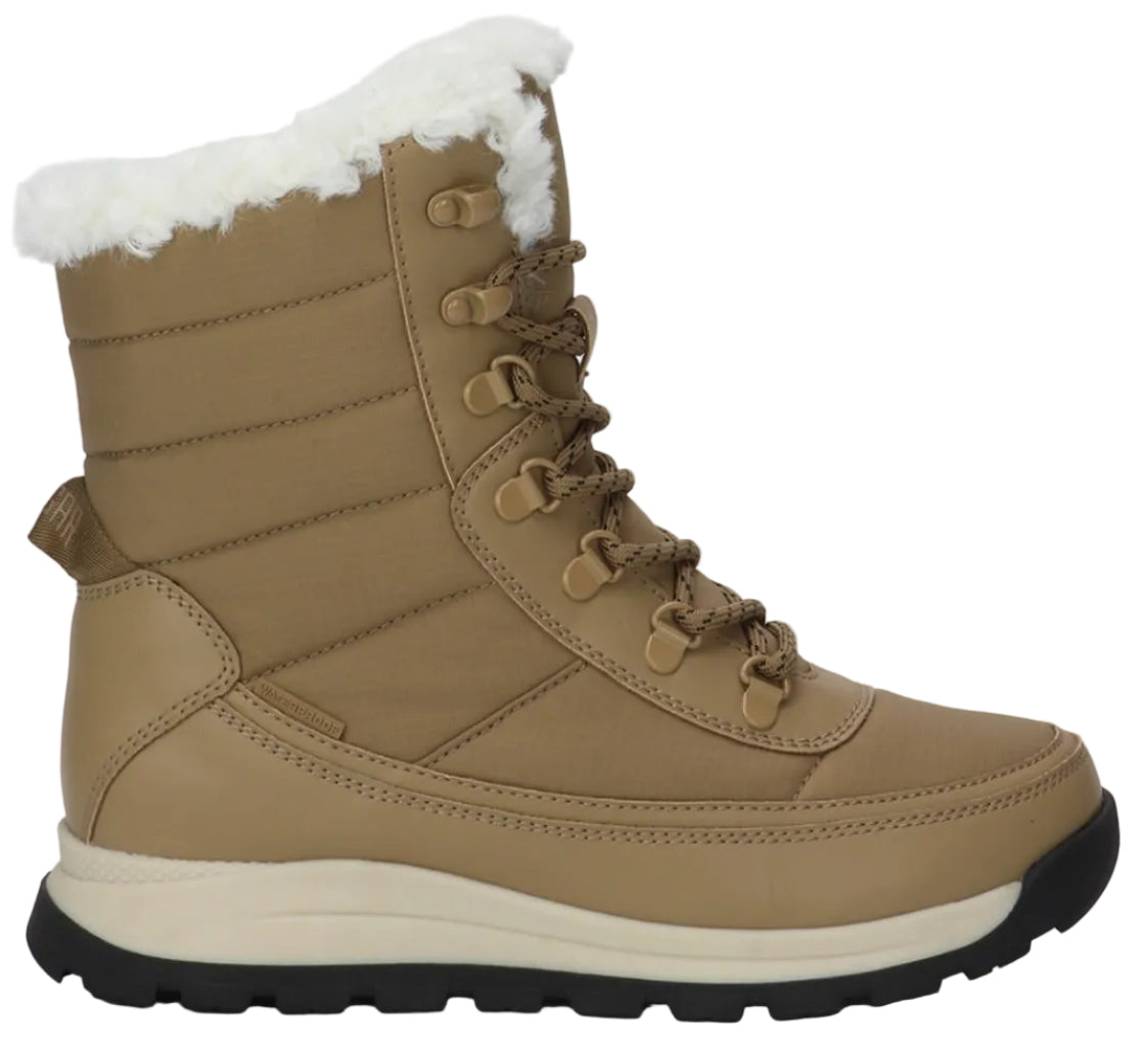 A tan, quilted, mid-calf winter boot featuring a white faux-fur cuff, a lace-up front with metal eyelets and tan laces, a light beige midsole, and a black rugged rubber outsole.