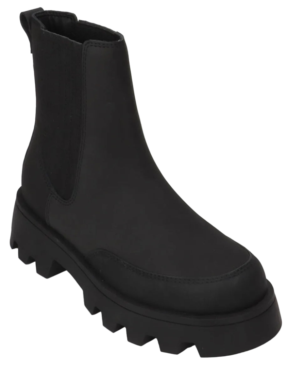 A black ankle-length Chelsea boot with a thick, lug-sole platform, round toe, and side elastic gore panels.