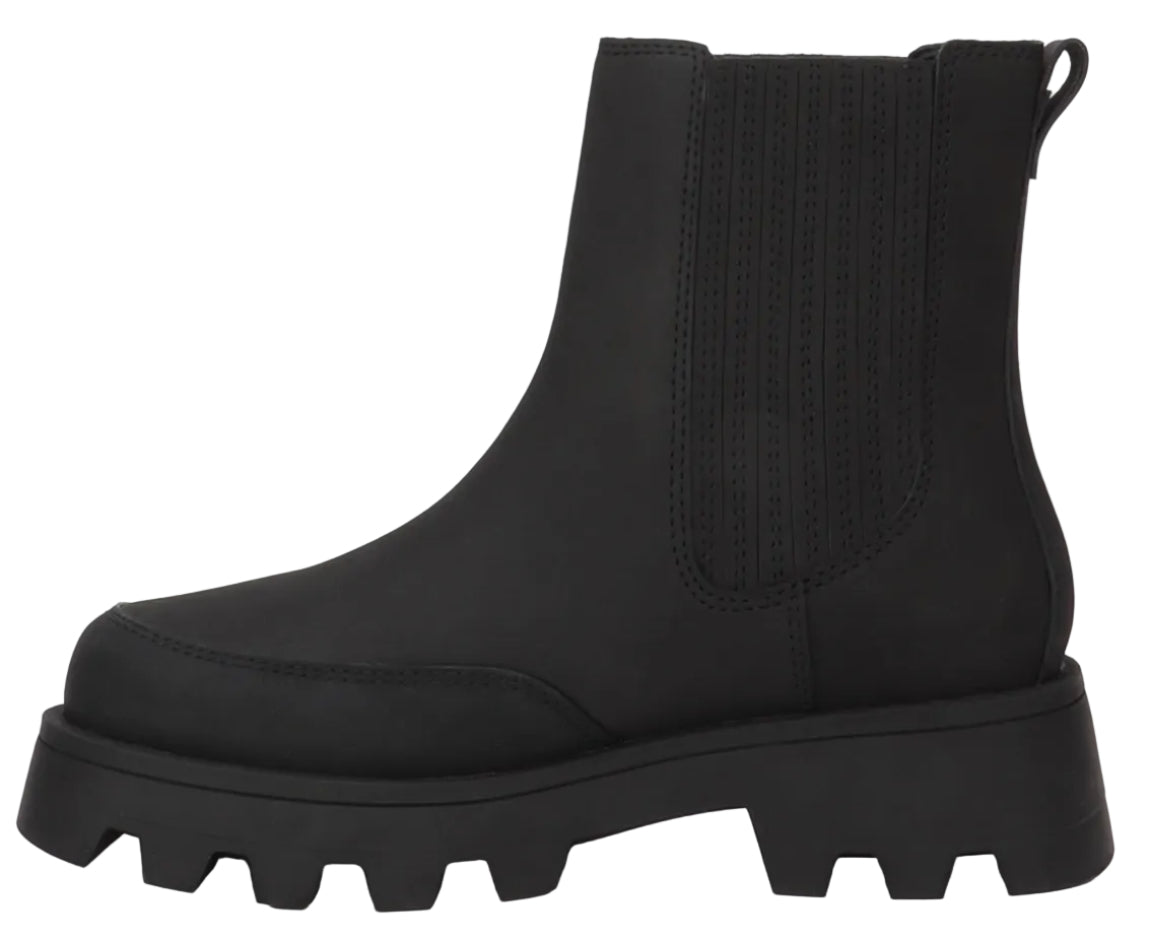 A black ankle boot with an elastic side panel, a pull tab at the top of the heel, and a thick, chunky lug sole.
