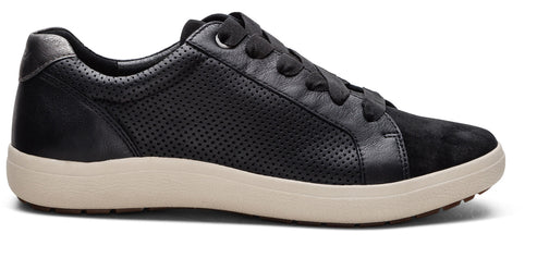 A black leather low-top sneaker with a beige sole.