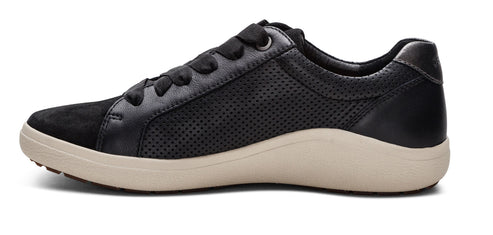 Black lace-up sneaker with perforated detail.