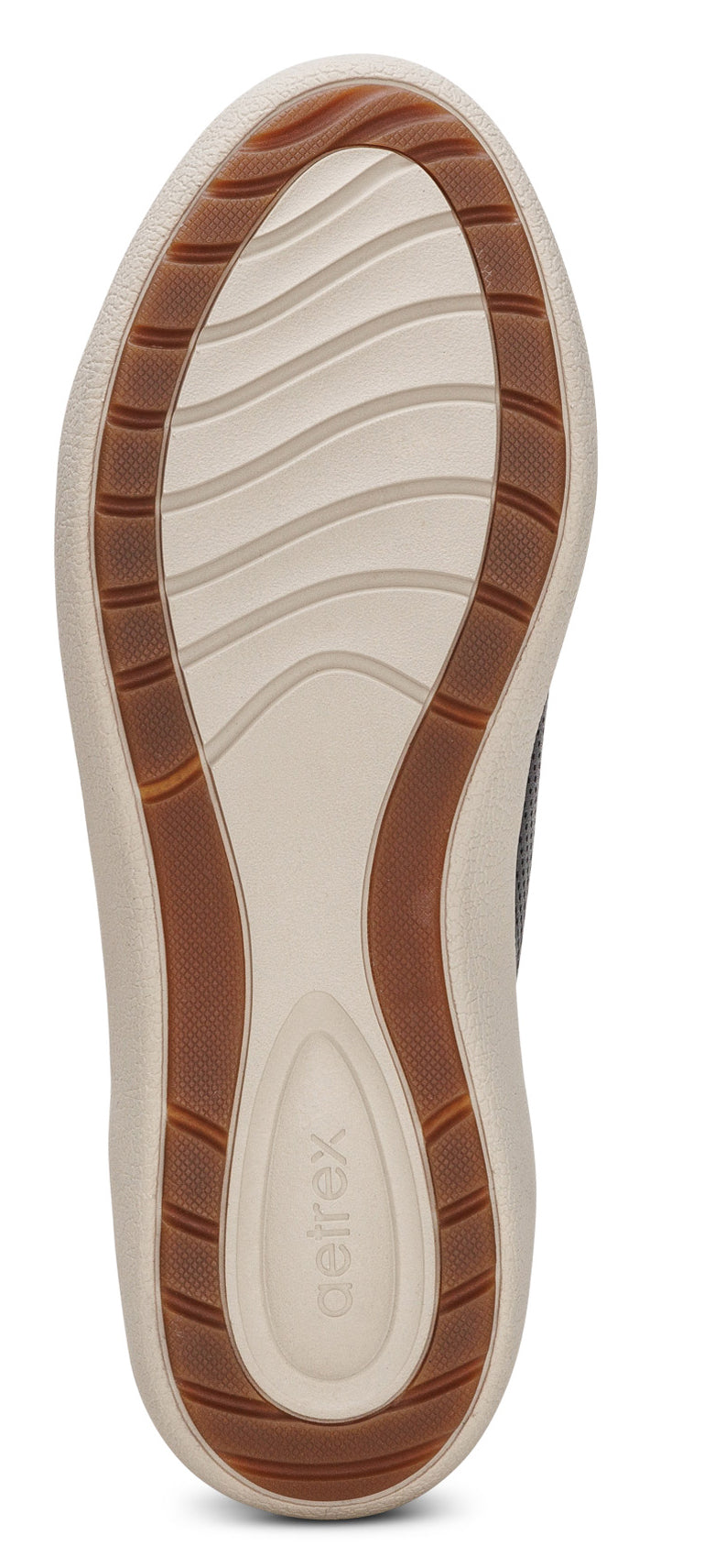 Sole of a shoe with beige and brown accents.