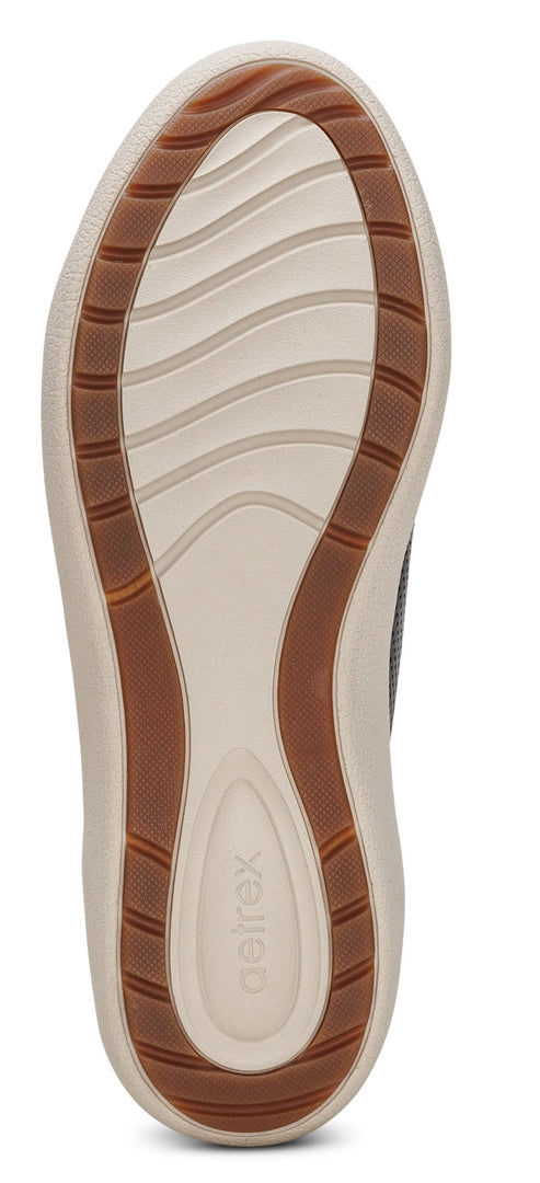 Sole of a shoe with beige and brown accents.