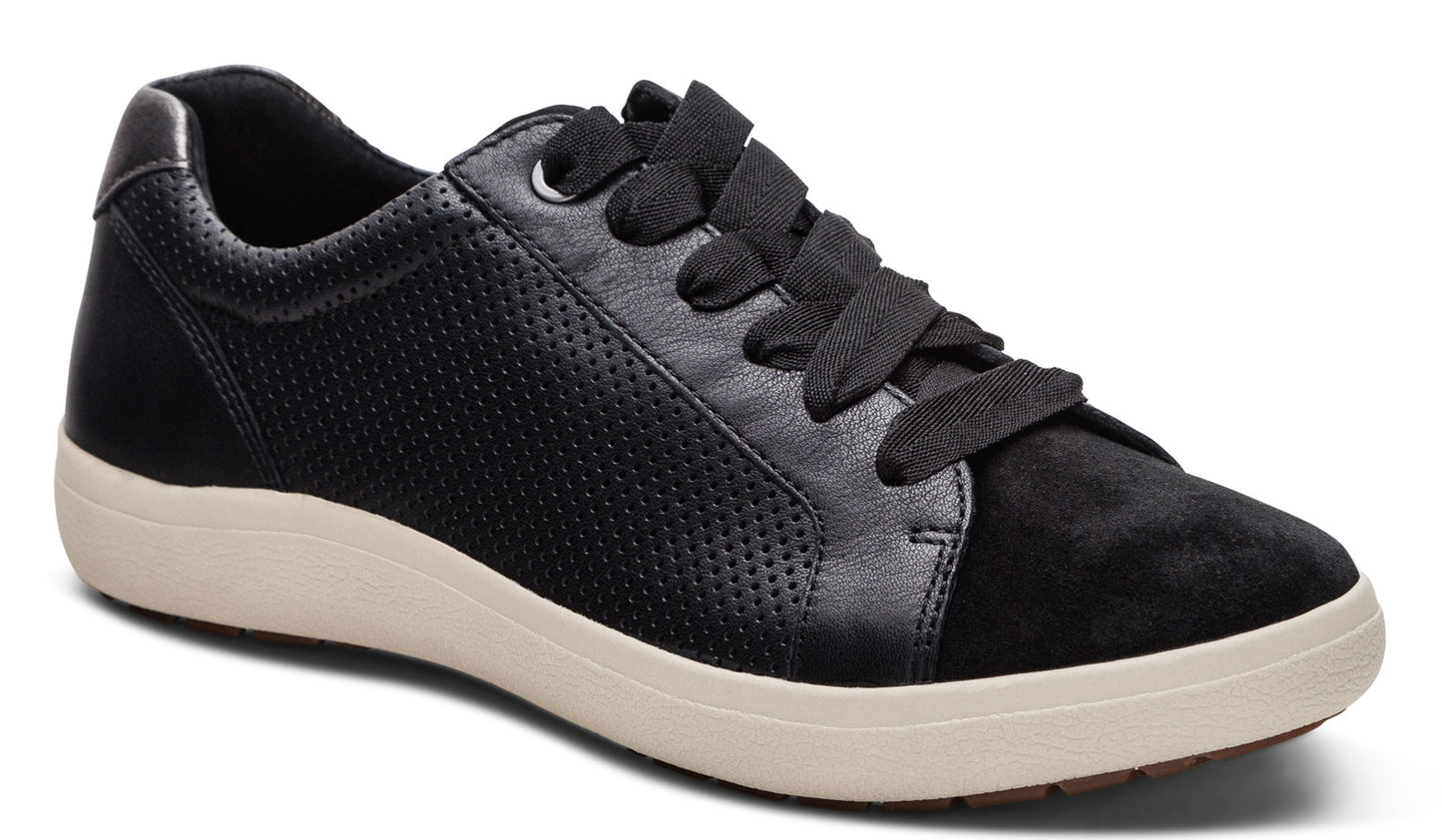 A black low-top sneaker featuring suede at the toe and heel, perforated side panels, leather accents, and a cream-colored sole.