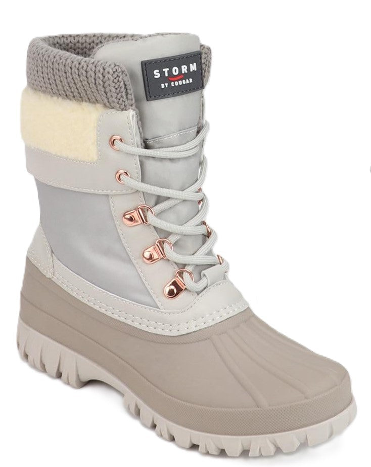 Grey winter boot with laces and a knit collar and the text 'STORM BY COUGAR' near the top.