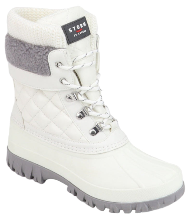 White winter boot with grey trim and 'STORM by COUGAR' tag.