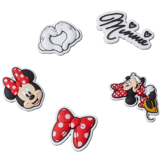 Five charms: Mickey Mouse glove hands making a heart, the word 'Minnie' with hearts, a Minnie Mouse head, a polka dot bow, and Minnie Mouse holding a purse.